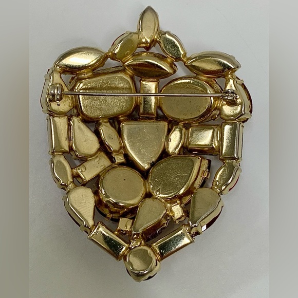 Mid Century Vintage Gold Tone Ruby Red Rhinestone Art Deco Pinback Brooch - Picture 11 of 16